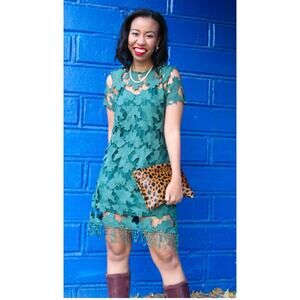 Love & Harmony Green Lace Dress M Floral Cutout Sheath Fringe Hem